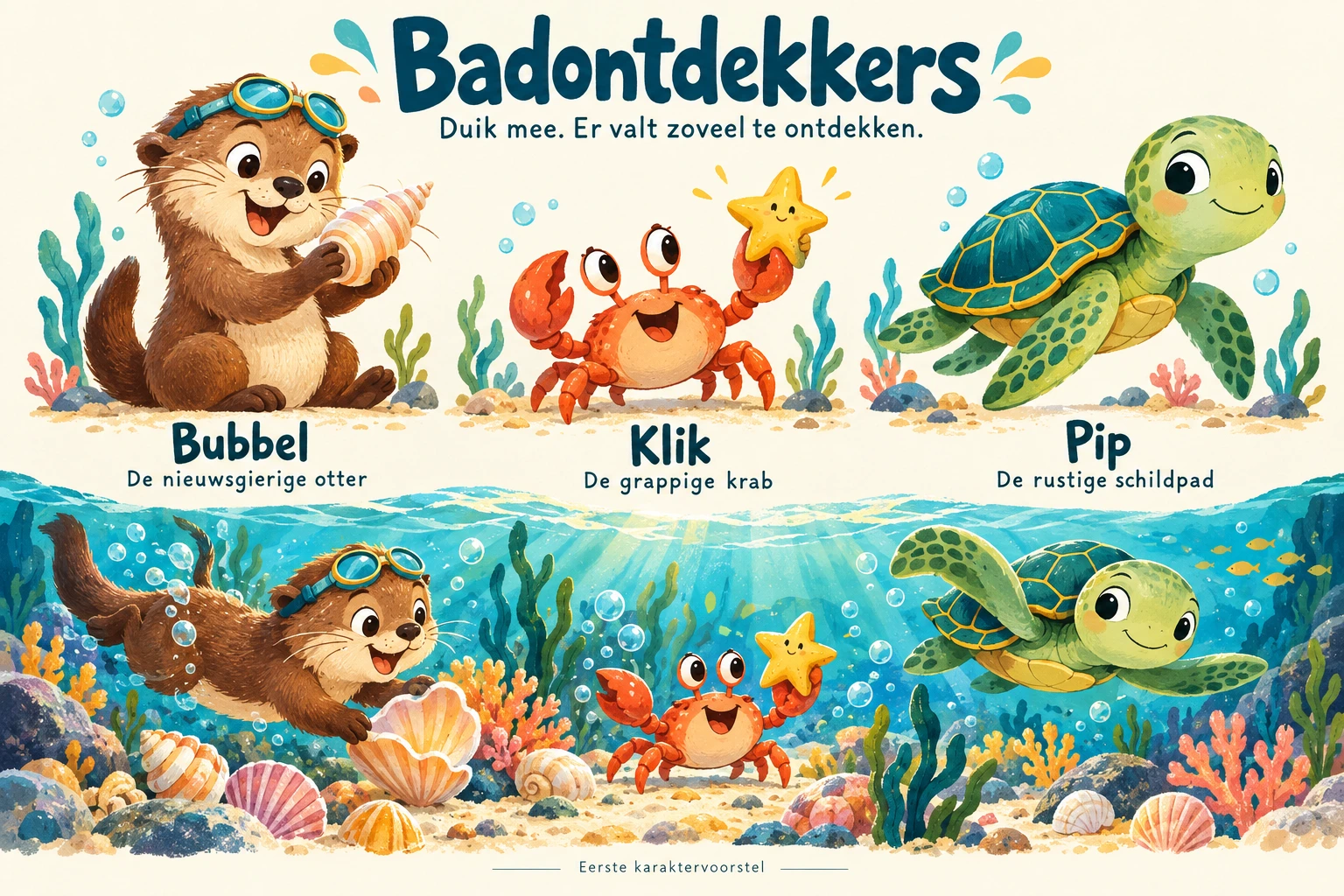 Bubbel de otter met duikbril, Klik de krab en Pip de schildpad